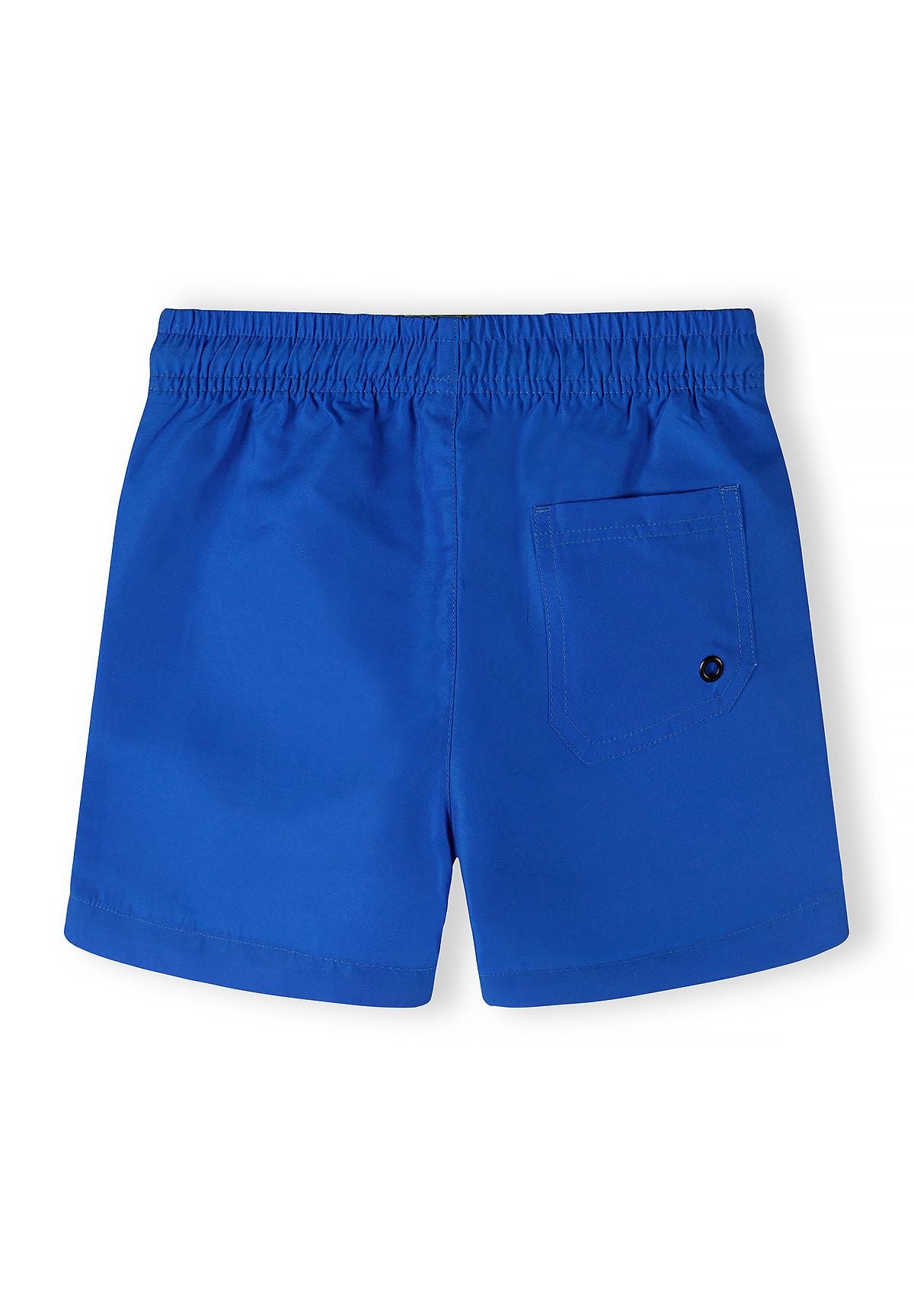 Royal blue and lime swim shorts, blue back pocket.