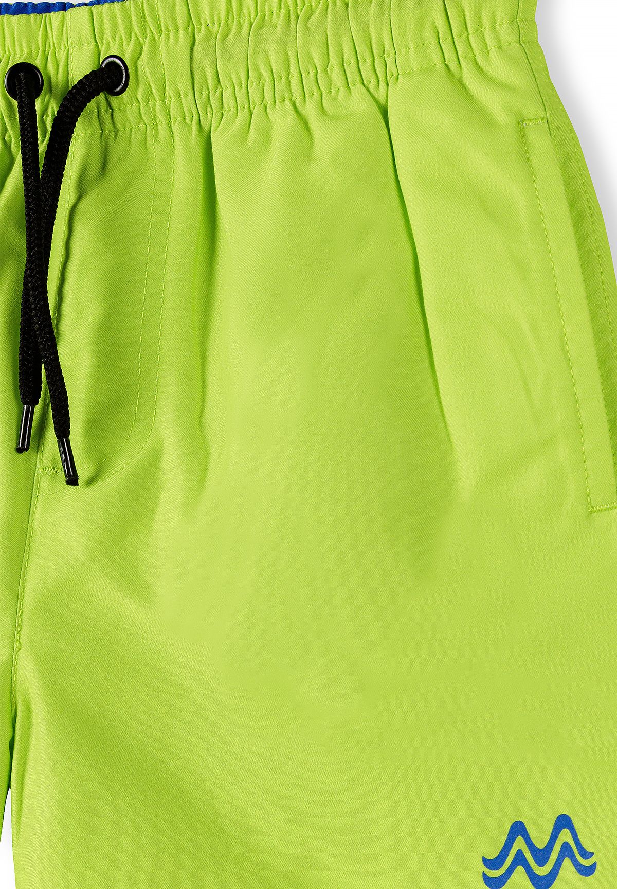 Royal blue and lime swim shorts, lime waist and pocket detail.