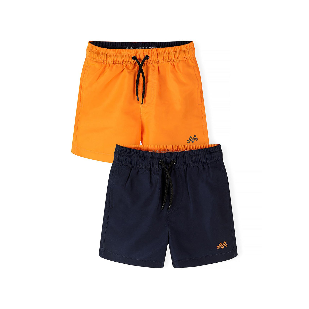 Boys' swim shorts 2-pack in orange and navy — complete product view for square Shop card