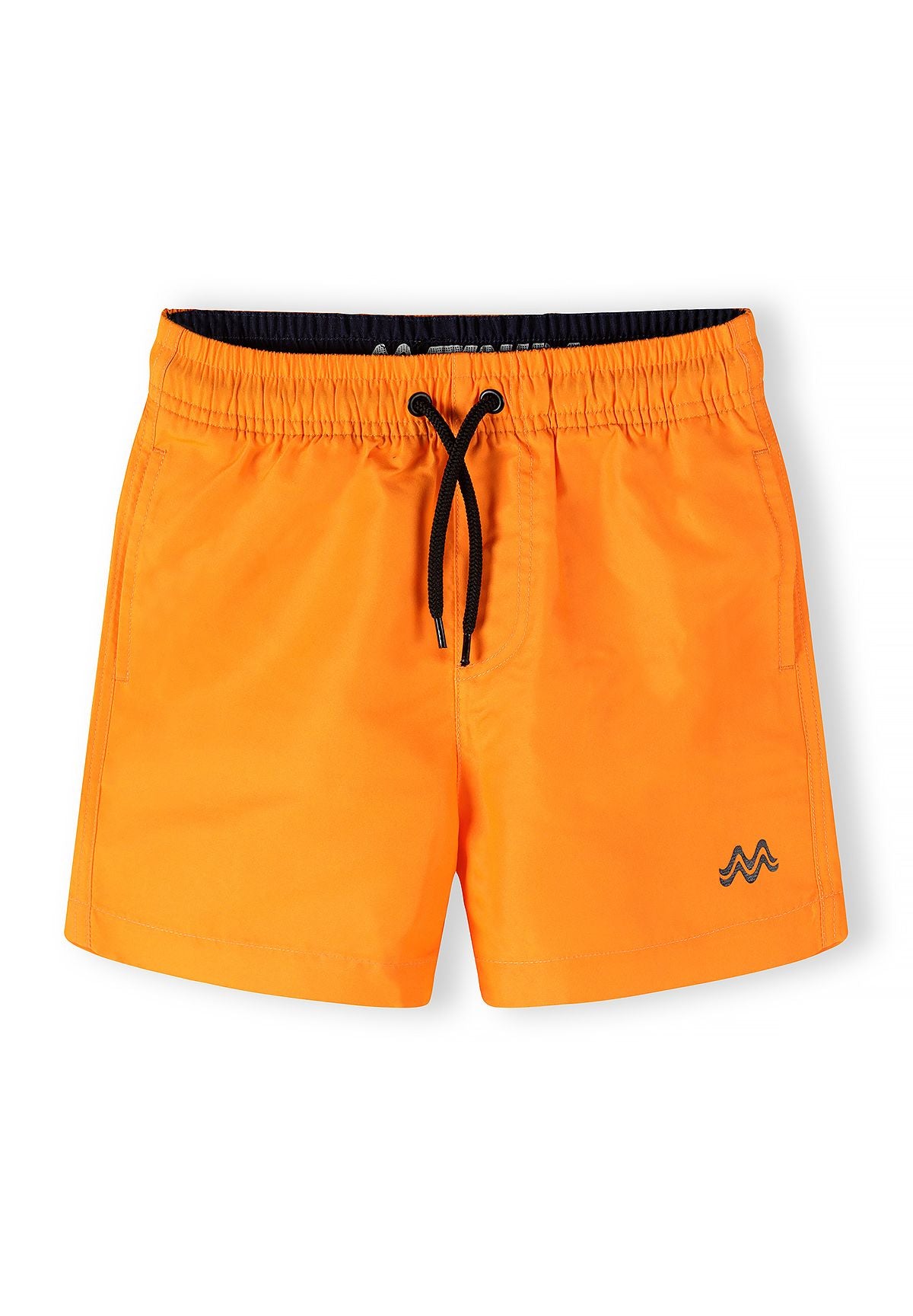 Close-up of bright orange boys swimming shorts with adjustable drawstring and side pockets.