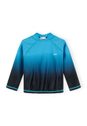 Blue ombre long sleeve rash vest for boys with sun protection and a minimalist wave design on chest