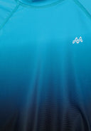 Detail of ombre blue rash vest with logo, designed for boys aged 3 to 14.