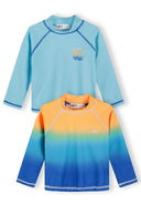 Two boys long sleeve rash vests in turquoise and orange ombre with blue gradient and stitched detailing.