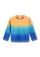 Long sleeve boys rash vest with turquoise and orange ombre design, stand collar, and contrast stitching details