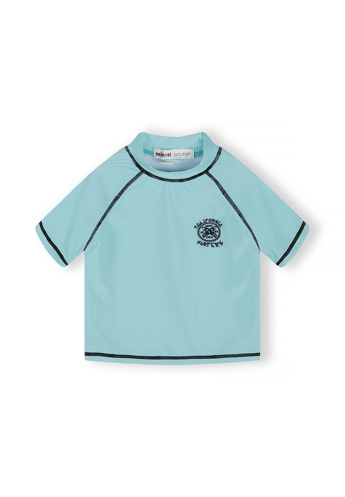 Boys turquoise rash vest with short sleeves and collarless neckline.