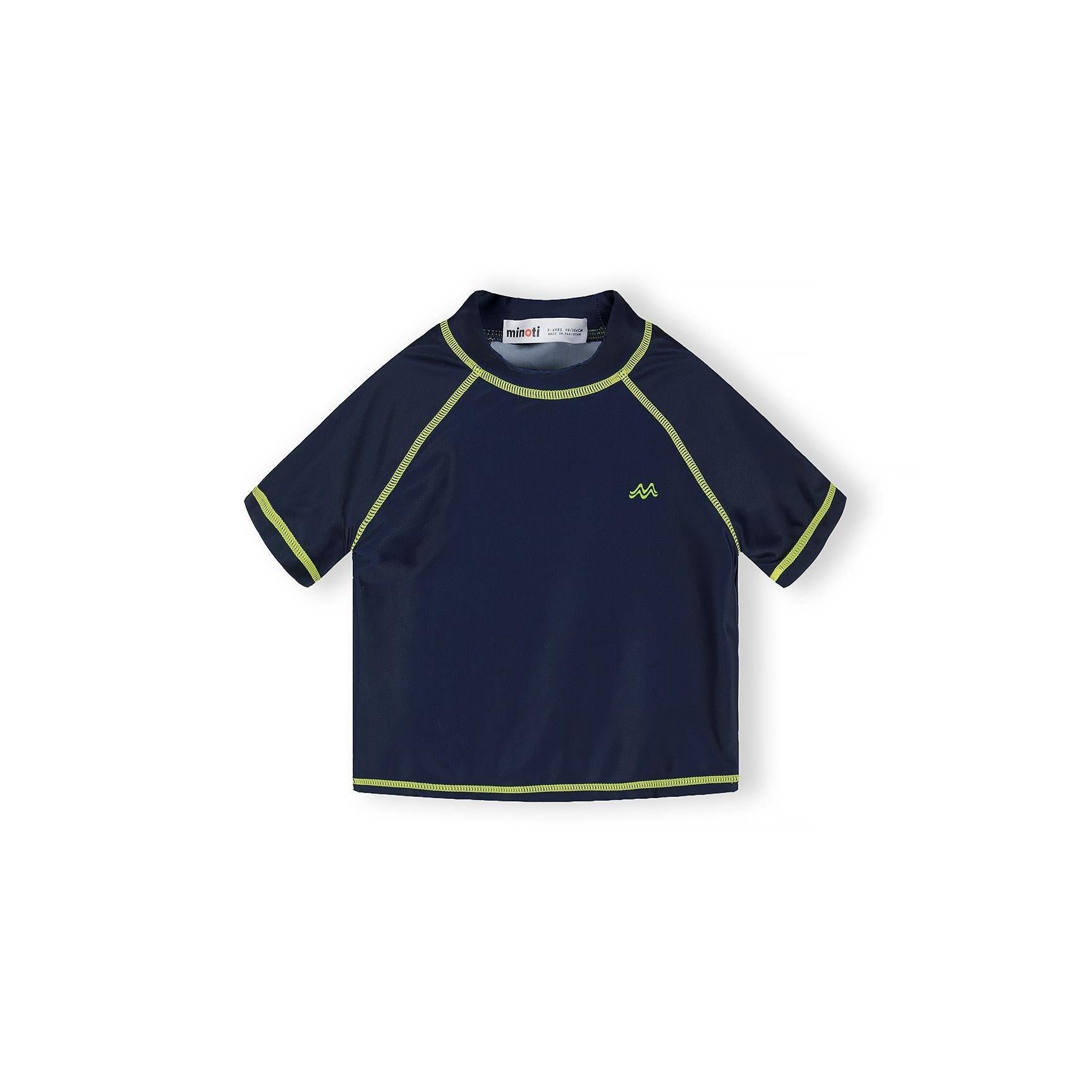 Close-up of Minoti care label and UPF 50+ protection tag attached to blue and green gradient swimwear