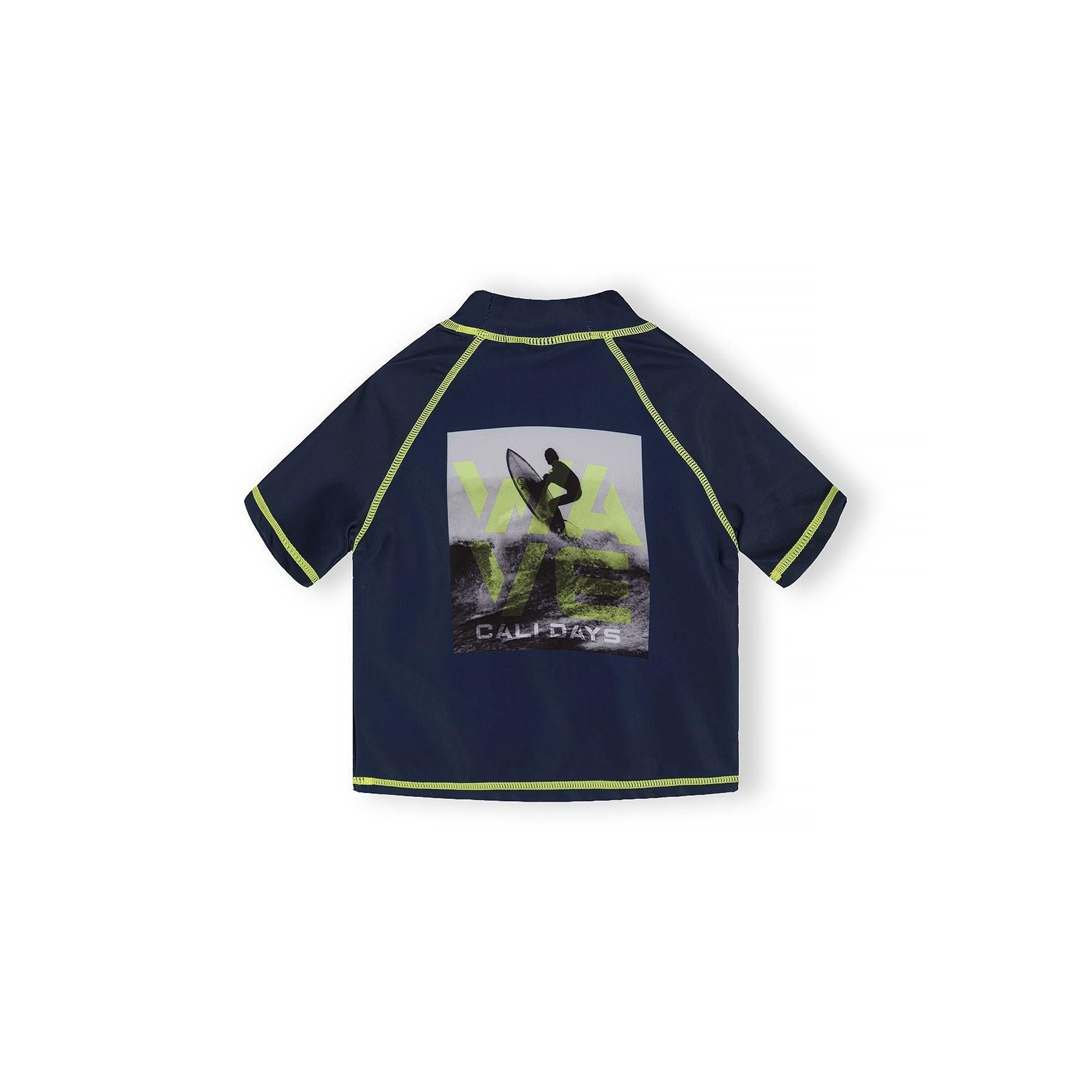 Close-up of Minoti care label and UPF 50+ protection tag attached to blue and green gradient swimwear