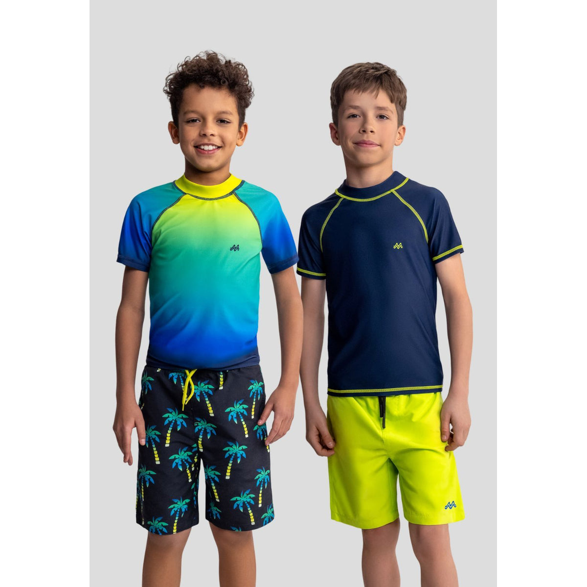 Boys' rash vests 2-pack in navy, blue, green and yellow — complete product view for square Shop card