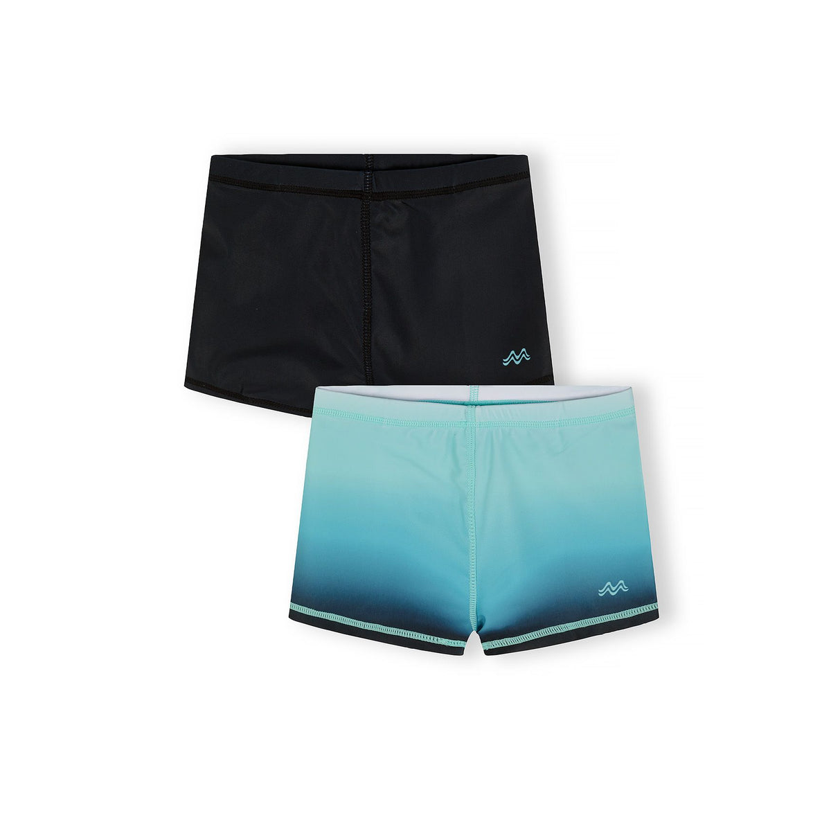 Boys' swimming trunks 2-pack in black and turquoise gradient — complete product view for square Shop card