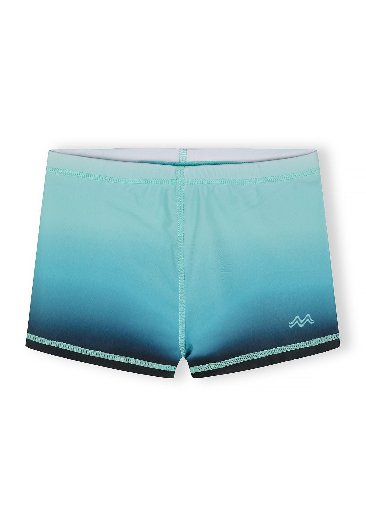 Boys swim shorts in gradient blue design, front view, elasticated waistband.