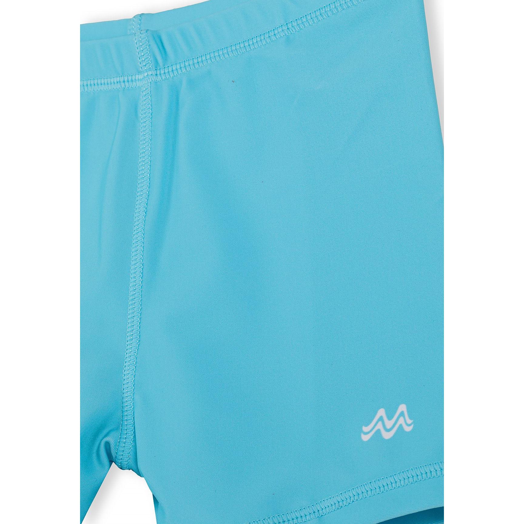 Close-up detail view of turquoise swim shorts showing fabric texture, stitching quality and embroidered brand logo placement
