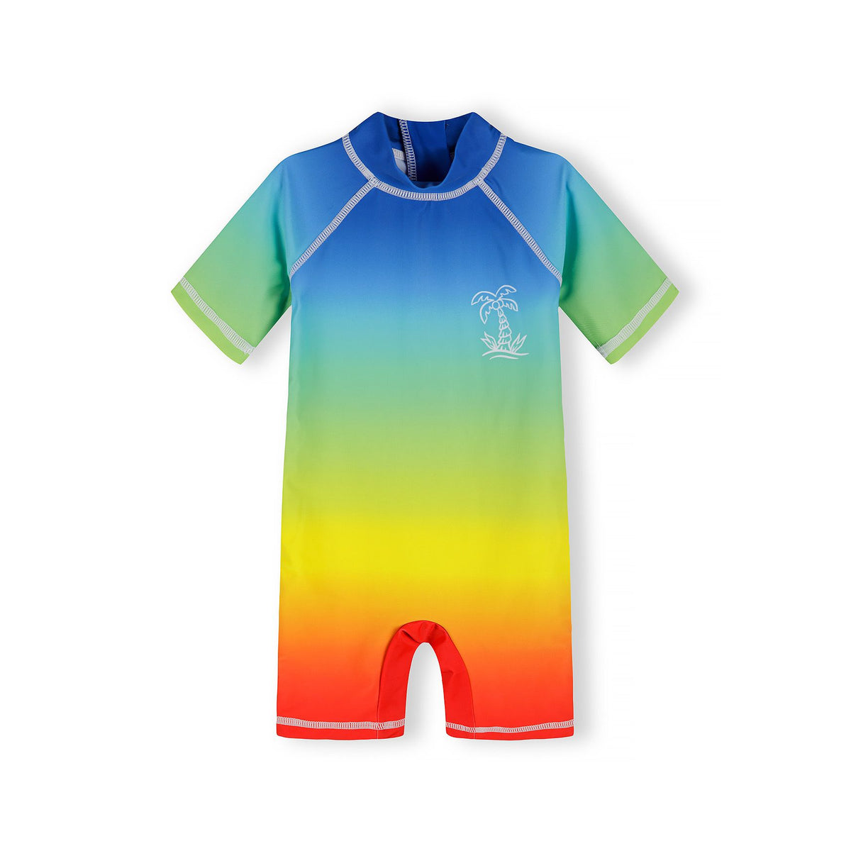 Boys' short sleeve sunsuit in blue, green, yellow and orange — complete product view for square Shop card