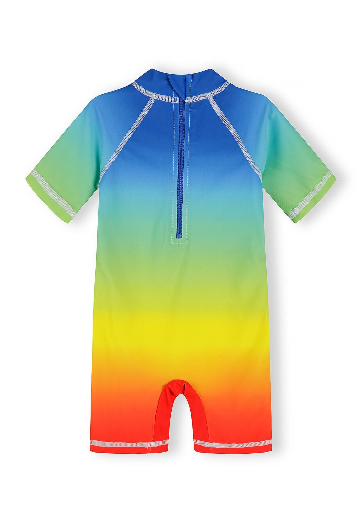 Boys short sleeve rash suit in royal blue ombre, back view with front zipper.
