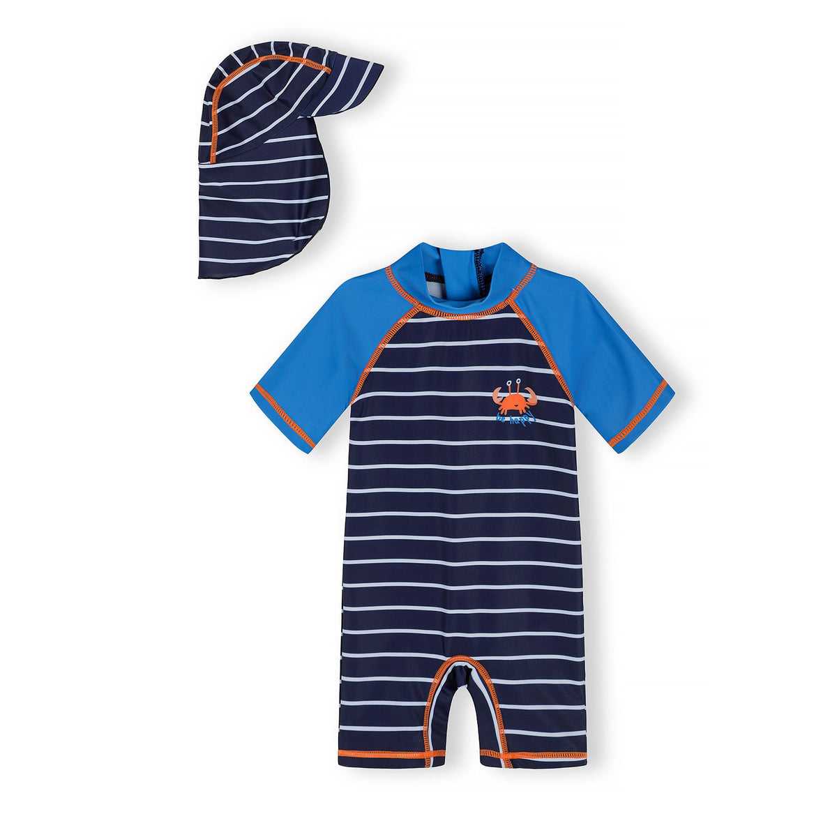Boys' sunsuit and legionnaire hat set in navy, blue, white and orange — complete product view for square Shop card