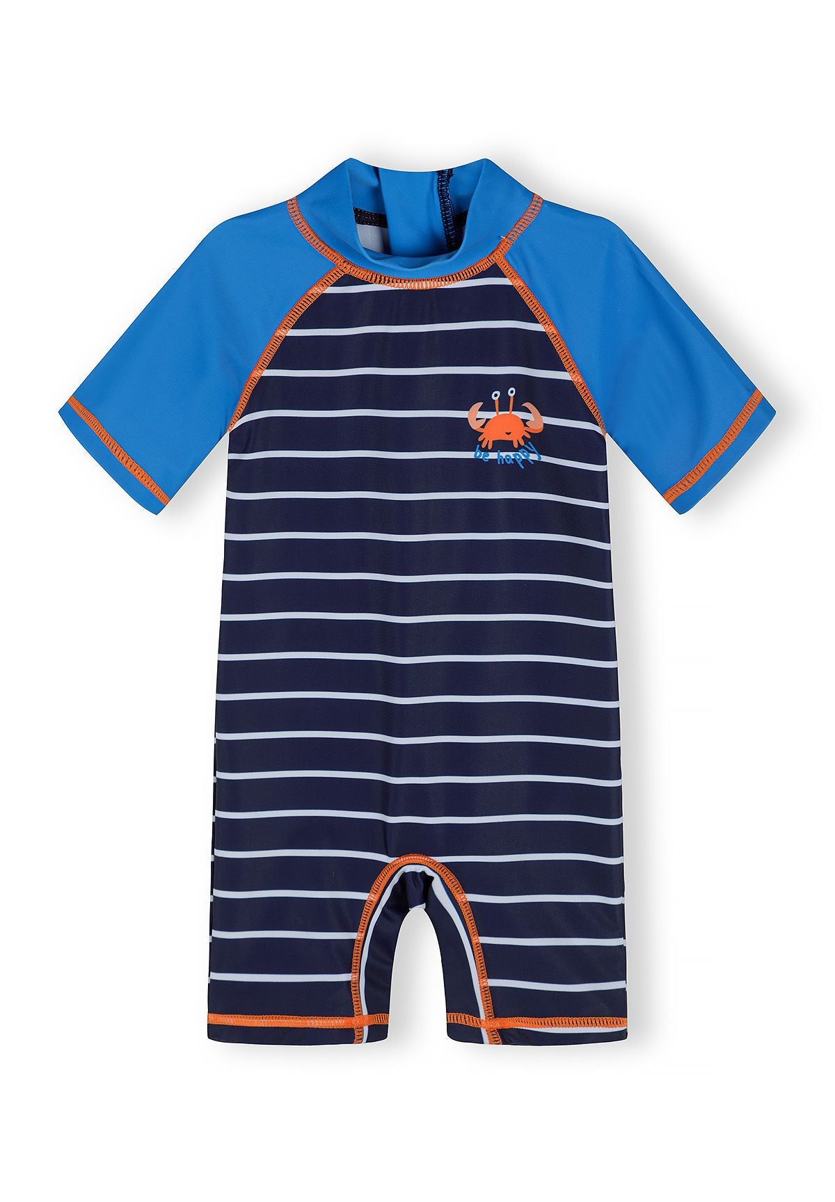 Boys navy striped rashguard swimsuit with fitted hood and elasticated cuffs, front view.