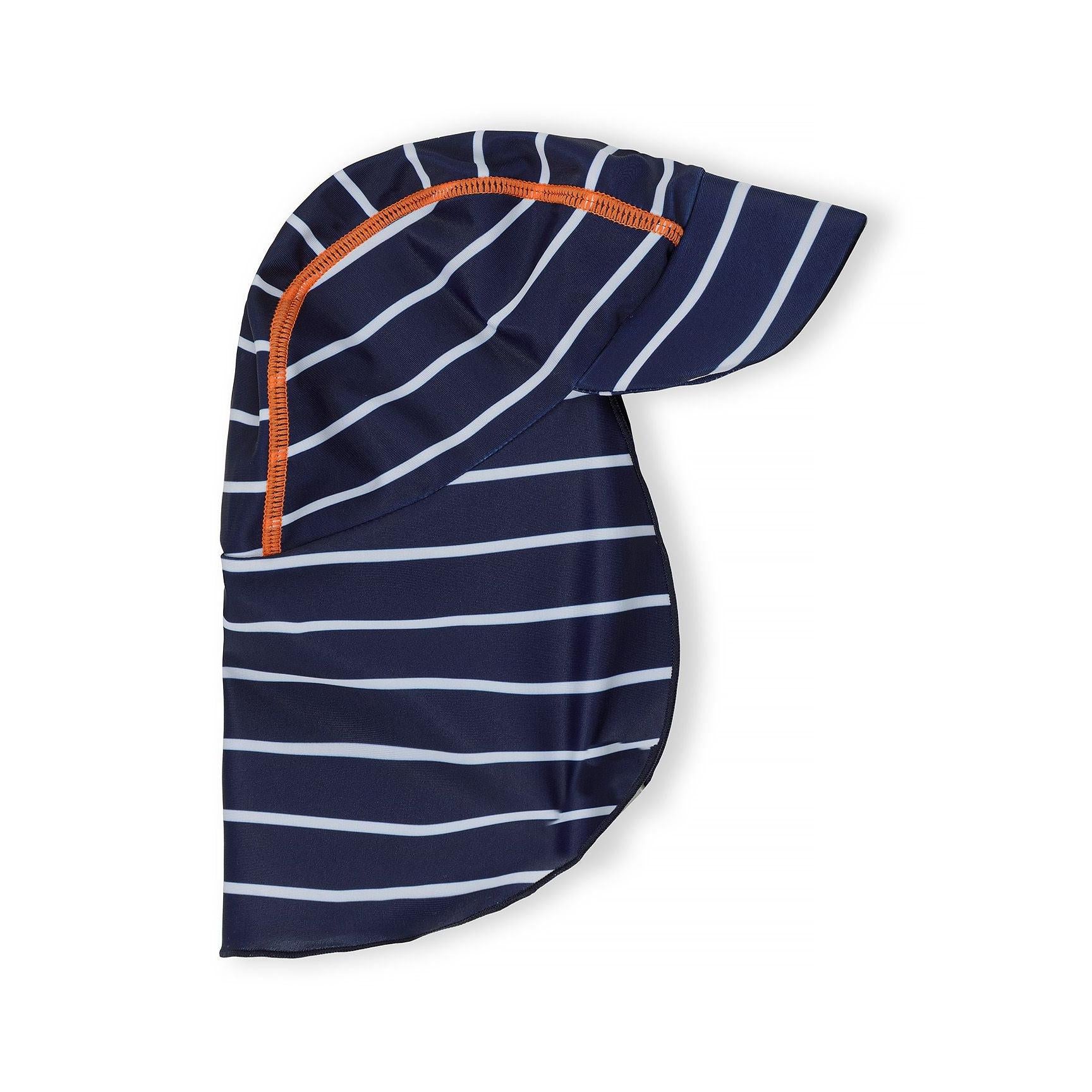Striped cap shown from side angle displaying navy and white stripes with orange contrast stitching and curved brim design