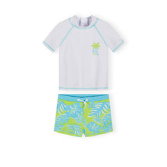 Boys' rash vest and swim shorts set in white, turquoise and lime green