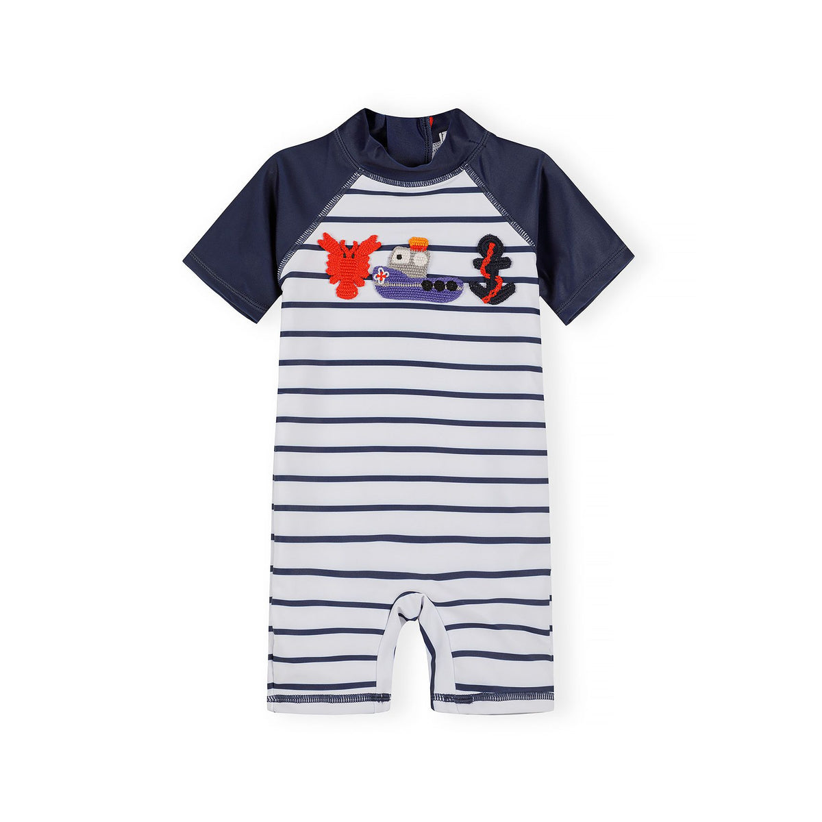 Boys' sunsuit in white and navy — complete product view for square Shop card