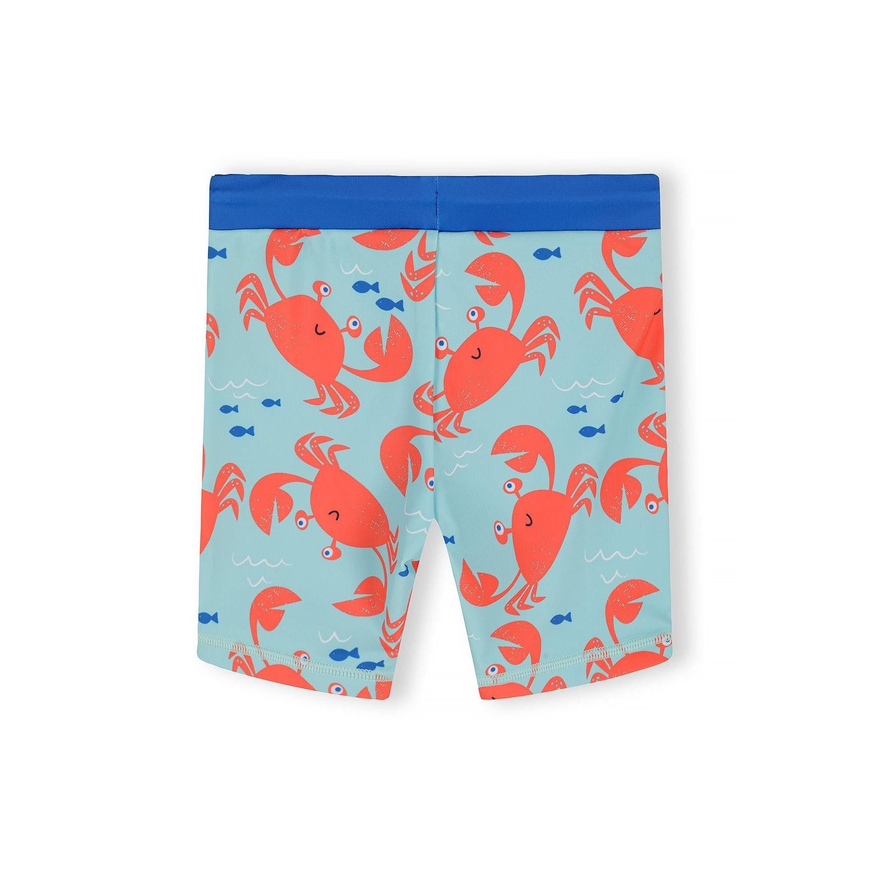 Detail view of blue rash vest showing orange crab graphic with Beach Life text and flatlock seams