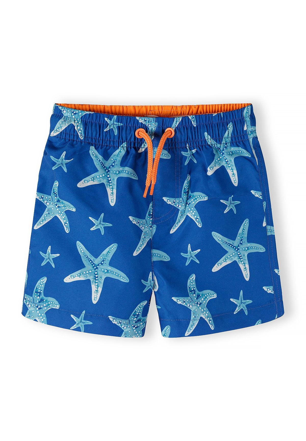 Blue, turquoise and orange swim shorts, starfish front.