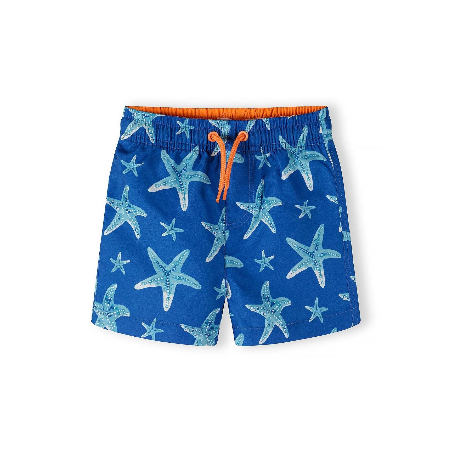 Single swimming shorts with blue wavy stripes and orange elasticated waistband with white drawstring, laid flat on white background showing front view