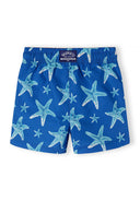 Boys royal blue swimming shorts with starfish print, front view, featuring an elasticated waistband.