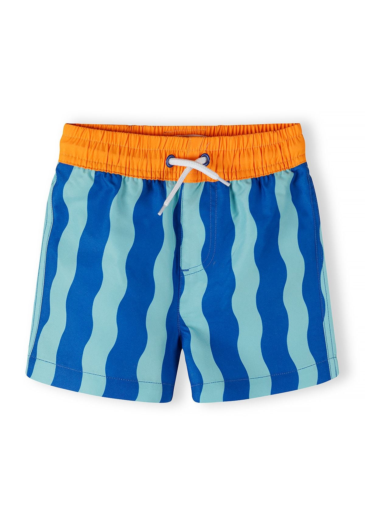 Blue, turquoise and orange swim shorts, striped front.