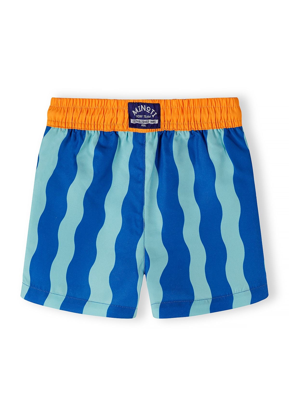 Blue, turquoise and orange swim shorts, striped back.