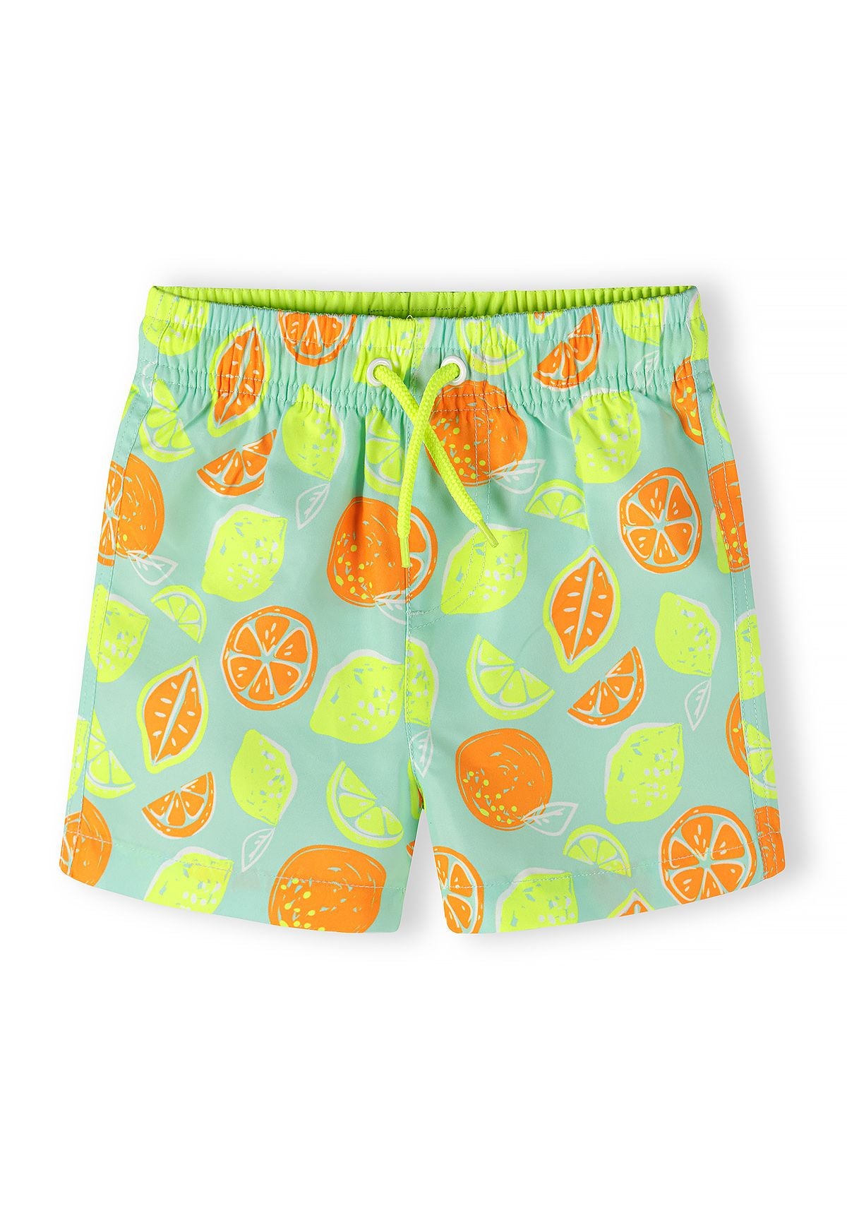 Boys' swim shorts in mint with lemon and orange fruit pattern, front view, elastic waistband.