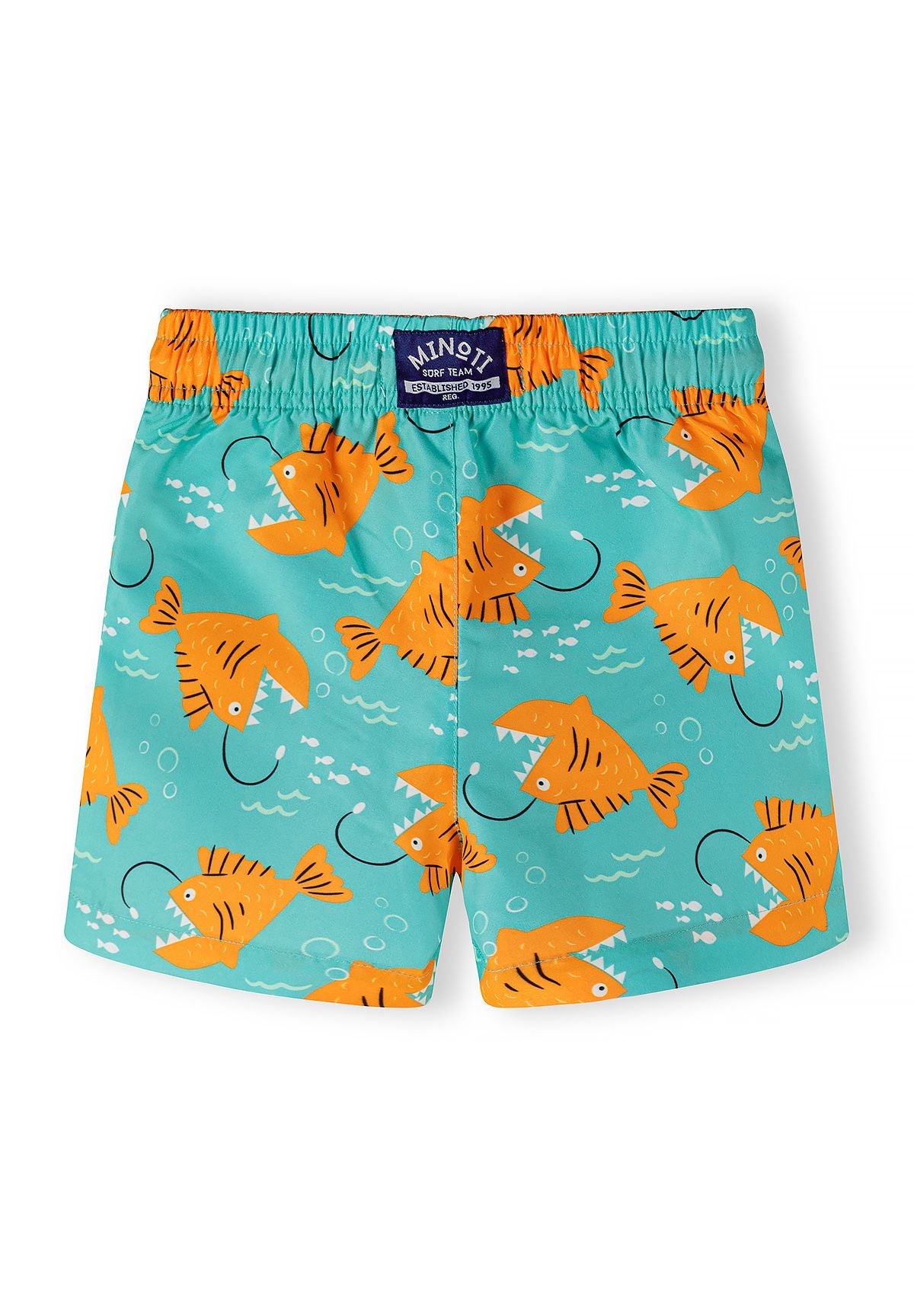 Boys swim shorts in turquoise with orange fish prints, back view.