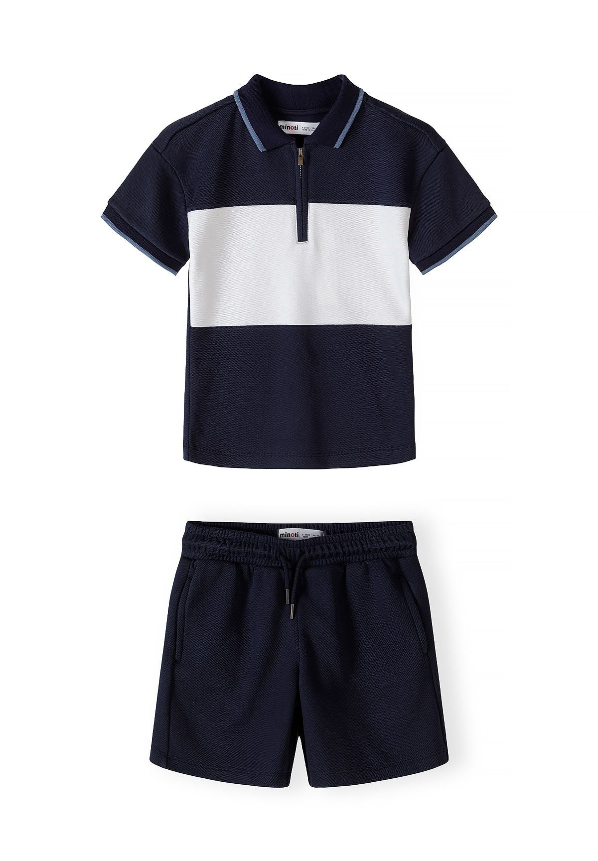 Boys navy and white pique polo set with zip collar and shorts, front view.