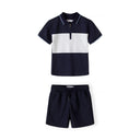 Jungen Navy- und Weißes Piqué-Poloshirt-Set mit Reißverschlusskragen und Shorts 3-15 Jahre