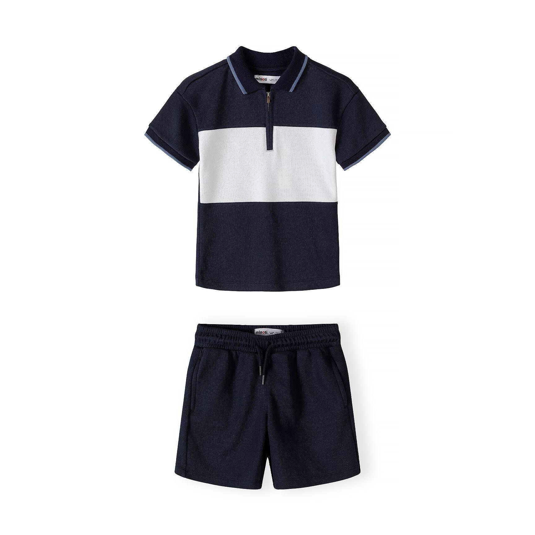 Back view of navy pique polo shirt showing solid navy colour and collar detail on white background