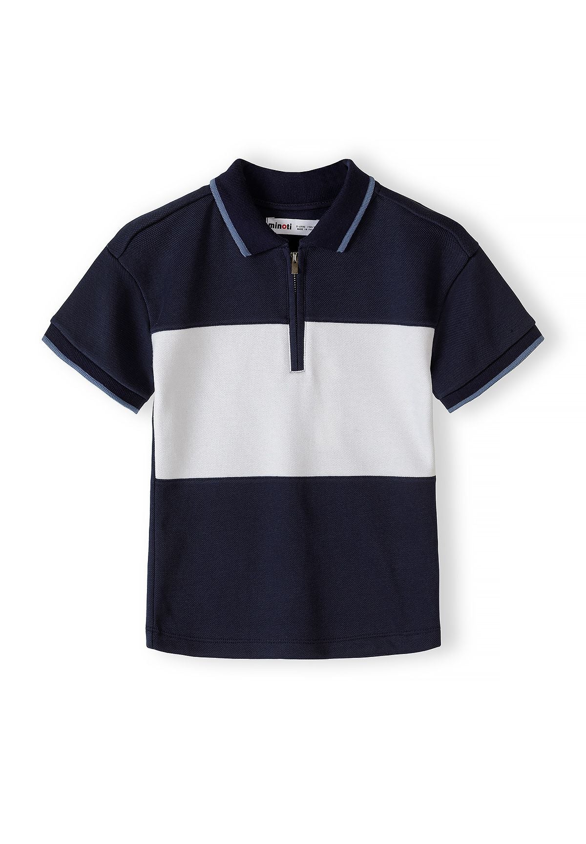 Boys navy and white zip collar polo top, short sleeves, textured pique finish.