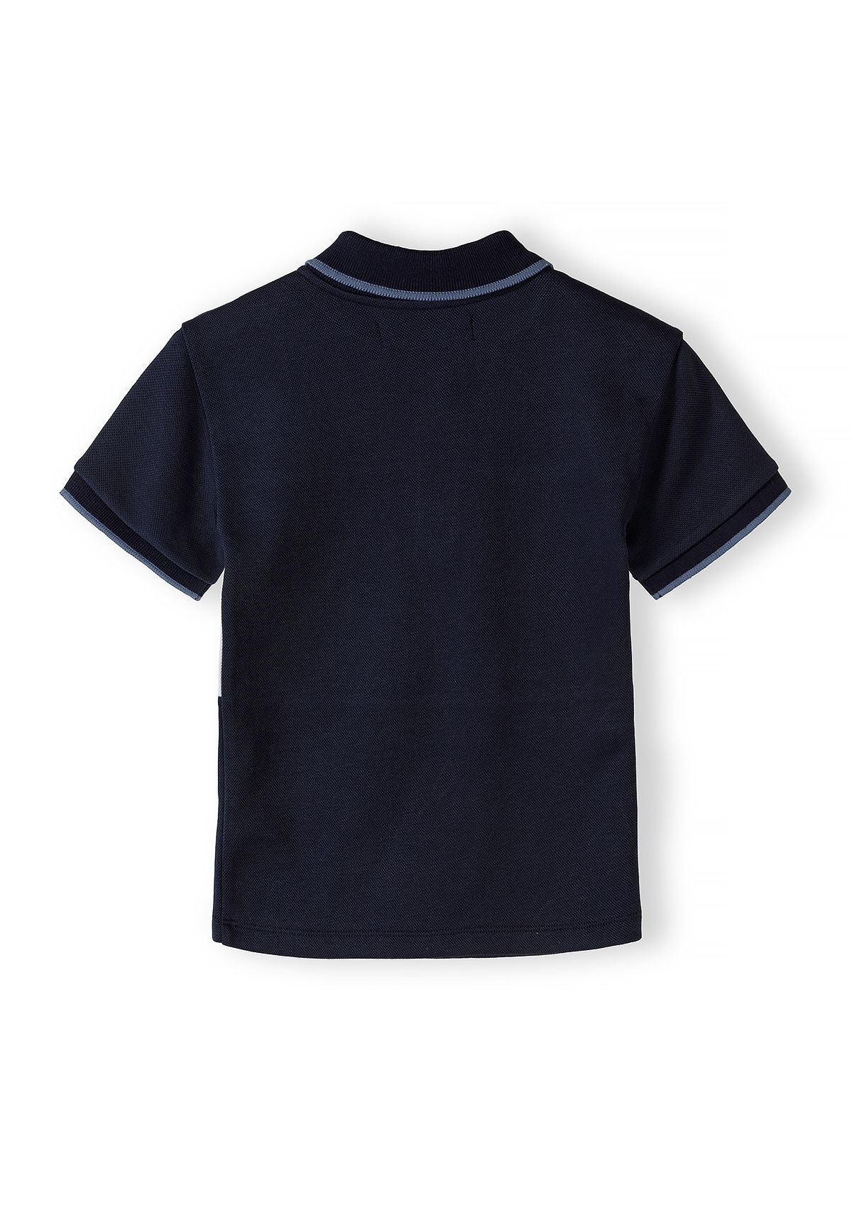 Boys navy pique polo top back view with zip collar and short sleeves.
