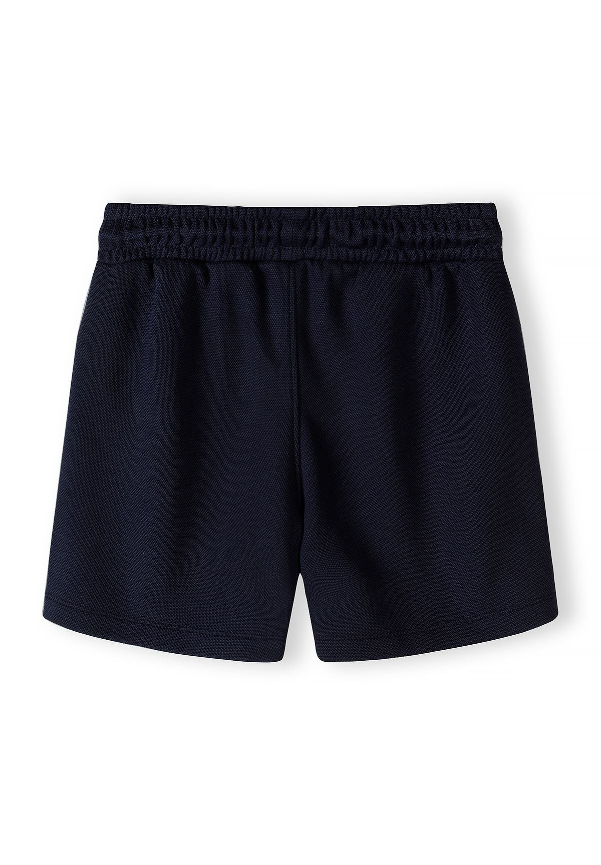 Boys navy shorts with elasticated waistband, back view.