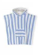 Boys hooded cover up with blue and white stripes, featuring a front pocket and relaxed fit.