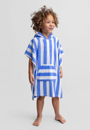 Boys hooded cover up with blue and white stripes, front view, featuring a pocket.