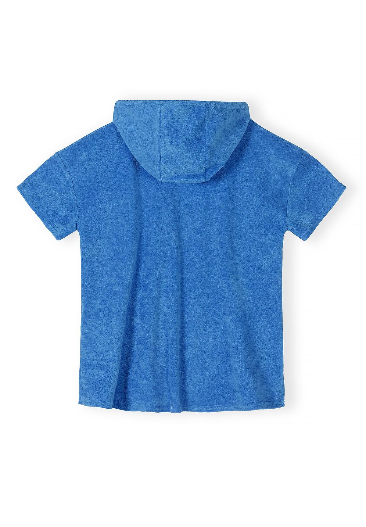 Boys blue hooded cover up, back view, long sleeves, front patch pocket.