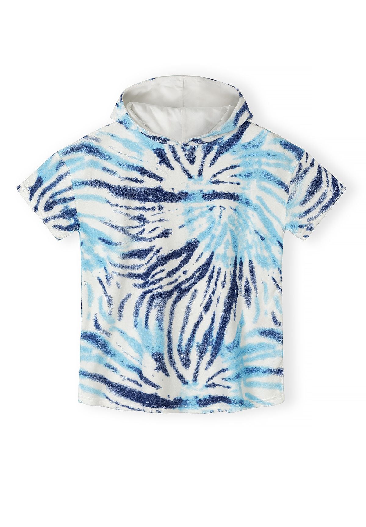 Boys hooded tie-dye cover-up in blue and white, short sleeves, loose fit.