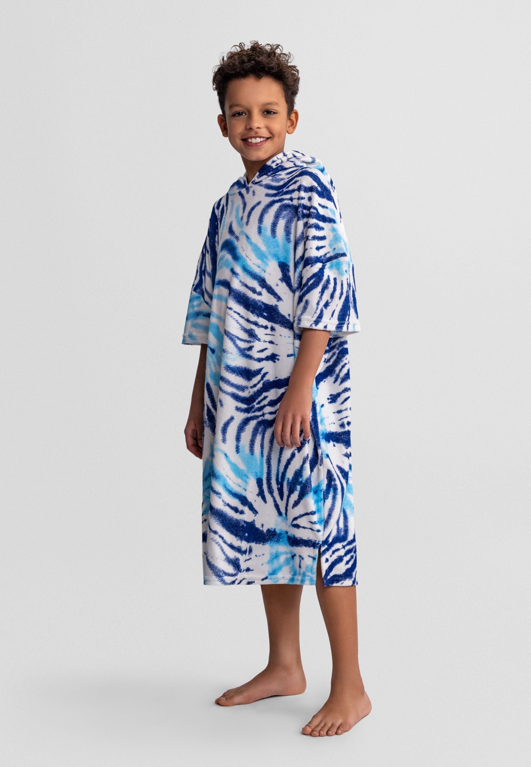 Hooded Towelling Cover-Up, Blue Tie-Dye, Short Sleeve - 1