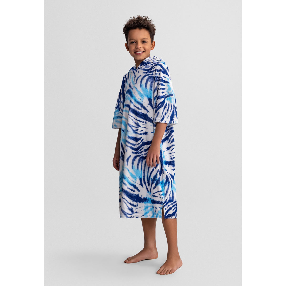 Boys' hooded towel poncho in white and blue — complete product view for square Shop card