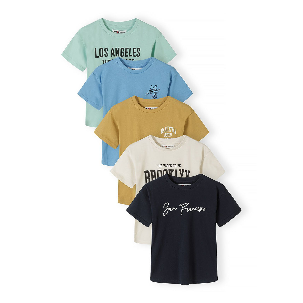 Boys' slogan t-shirts 5-pack in mint, blue, mustard, cream and navy — complete product view for square Shop card