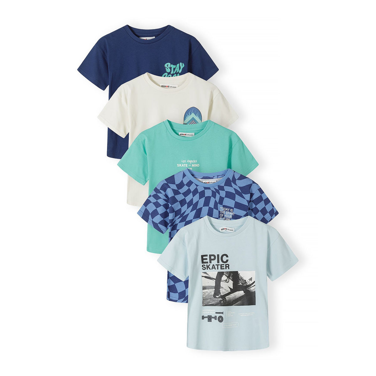 Boys' graphic t-shirts 5-pack in navy, cream, mint and pale blue — complete product view for square Shop card