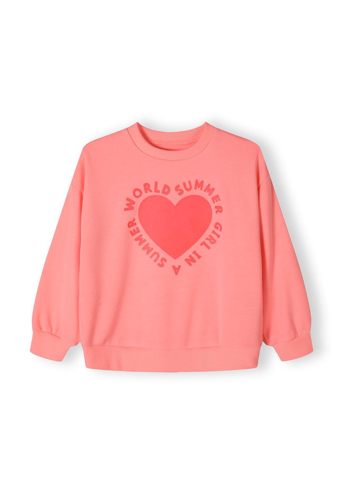 Girls coral fleece crew neck sweatshirt with decorative heart print, front view.