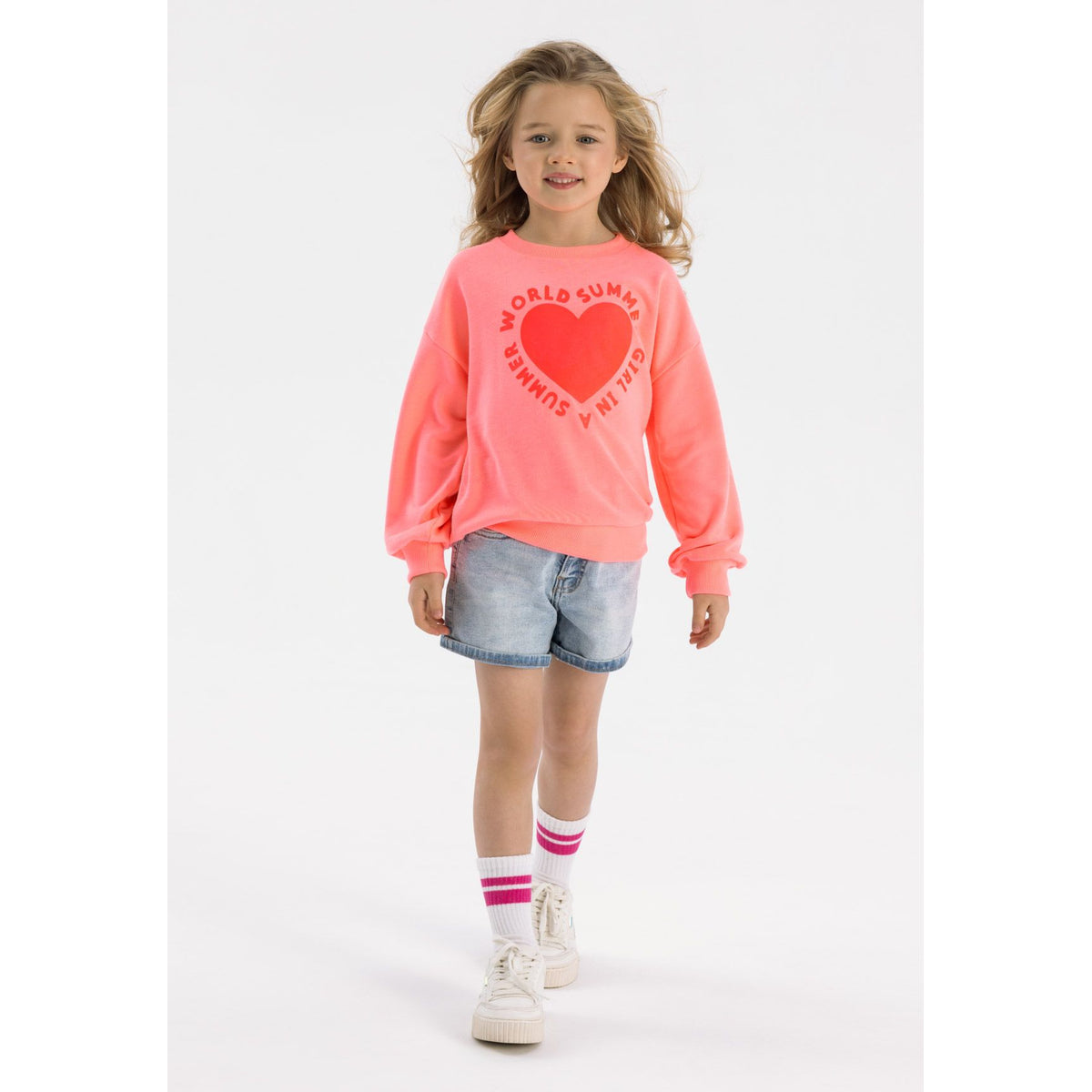 Girls' crew neck sweatshirt in coral pink — complete product view for square Shop card