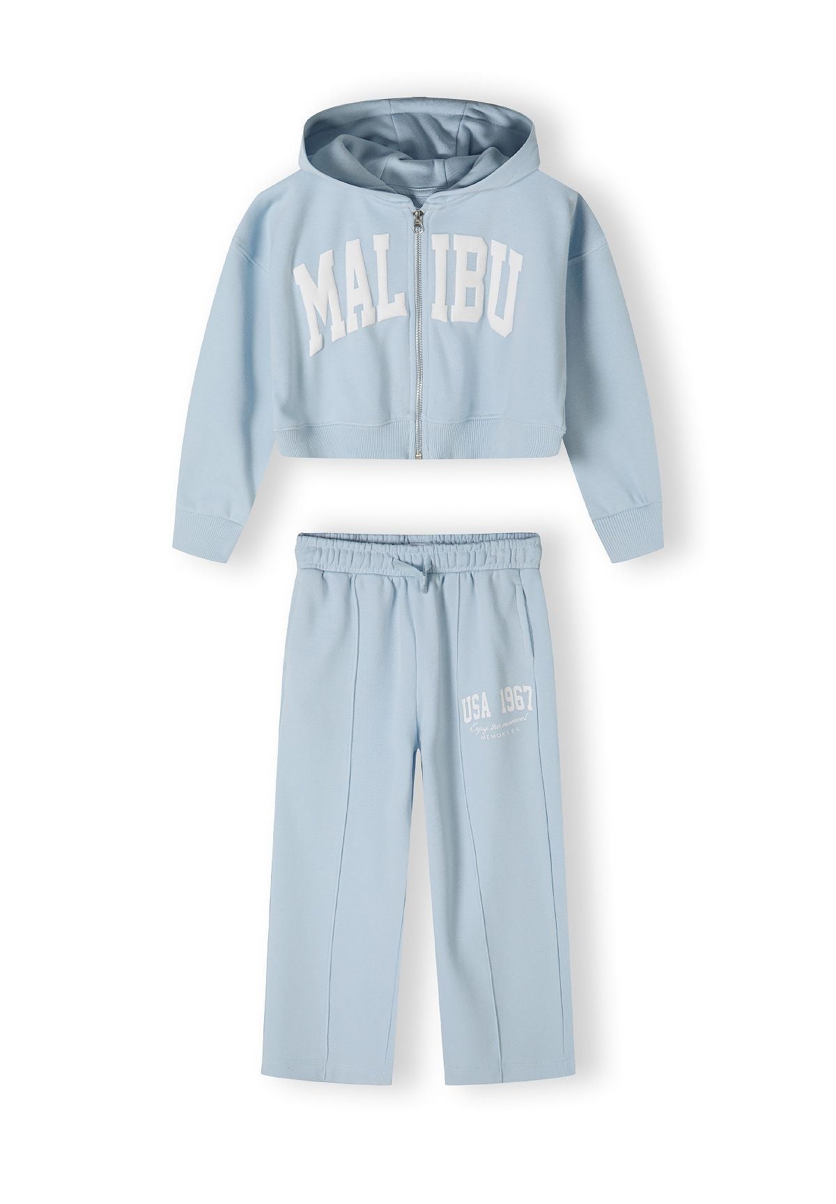 Light blue zip hoodie and wide leg trousers set, full set front.