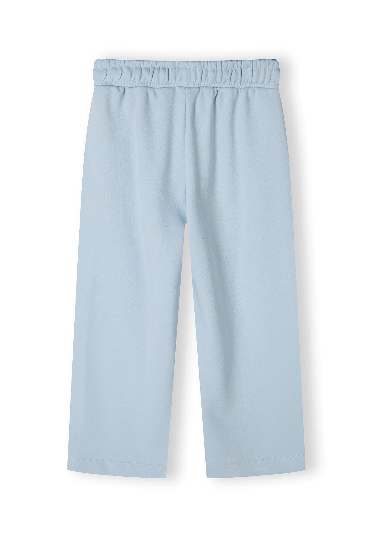 Detail of wide leg joggers in light blue with elastic waistband and side pockets.