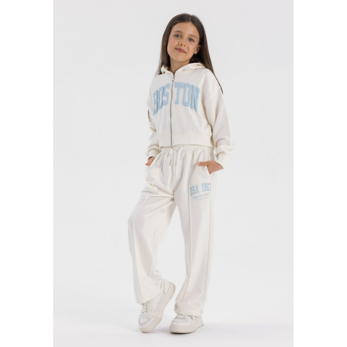 Girls' zip hoodie and wide leg trousers set in cream — complete product view for square Shop card