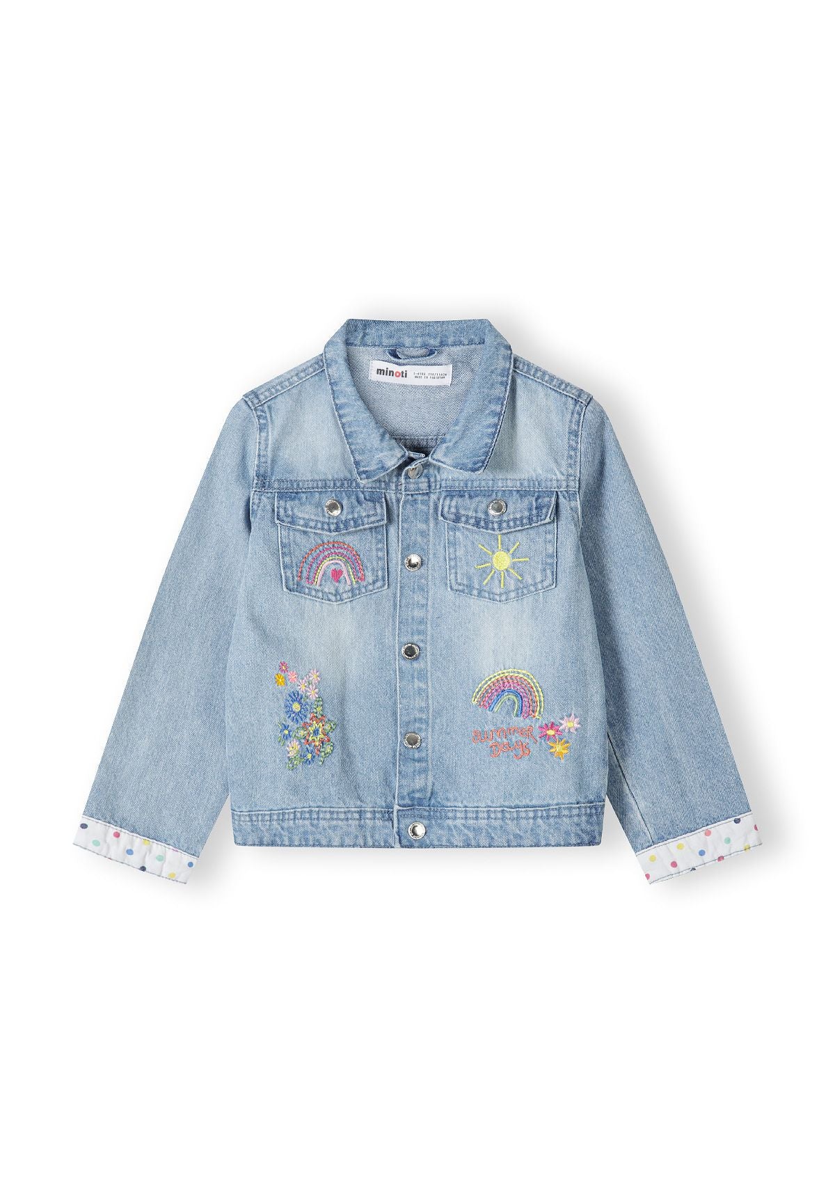 Front of a light blue denim jacket.